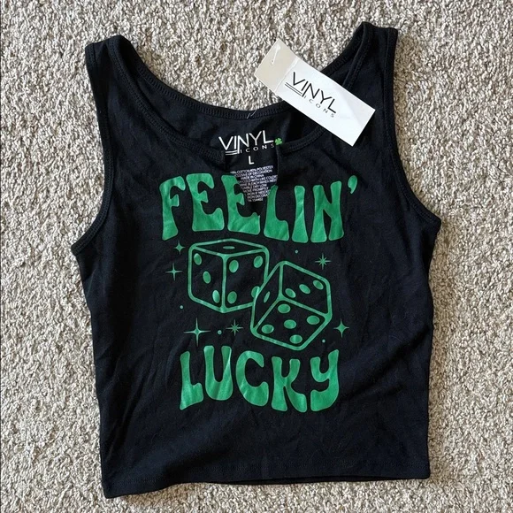 NWT Vinyl Black Graphic “Feelin’ Lucky” Tank Top Sz Large - Picture 1 of 5